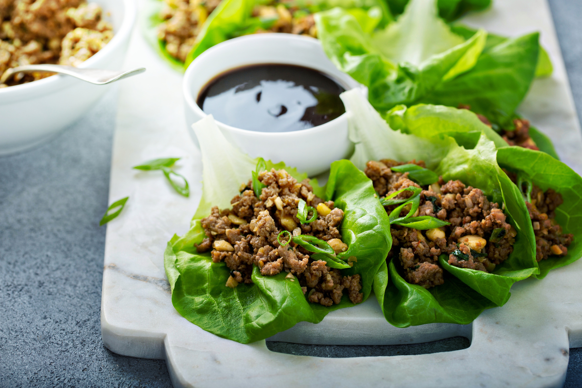 Lettuce wraps filled with chicken mince mixture